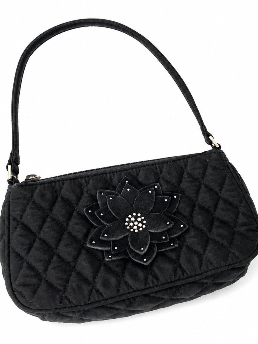 Vera Bradley Small Black Quilted Handbag with Suede Rhinestone Flower 5" x 9"